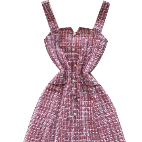 Load image into Gallery viewer, Retro 2024 Autumn Winter New Pink Plaid Woolen Sleeveless Mini Slip Dress Women's Black Button Elegant Short Tweed Dress Popular
