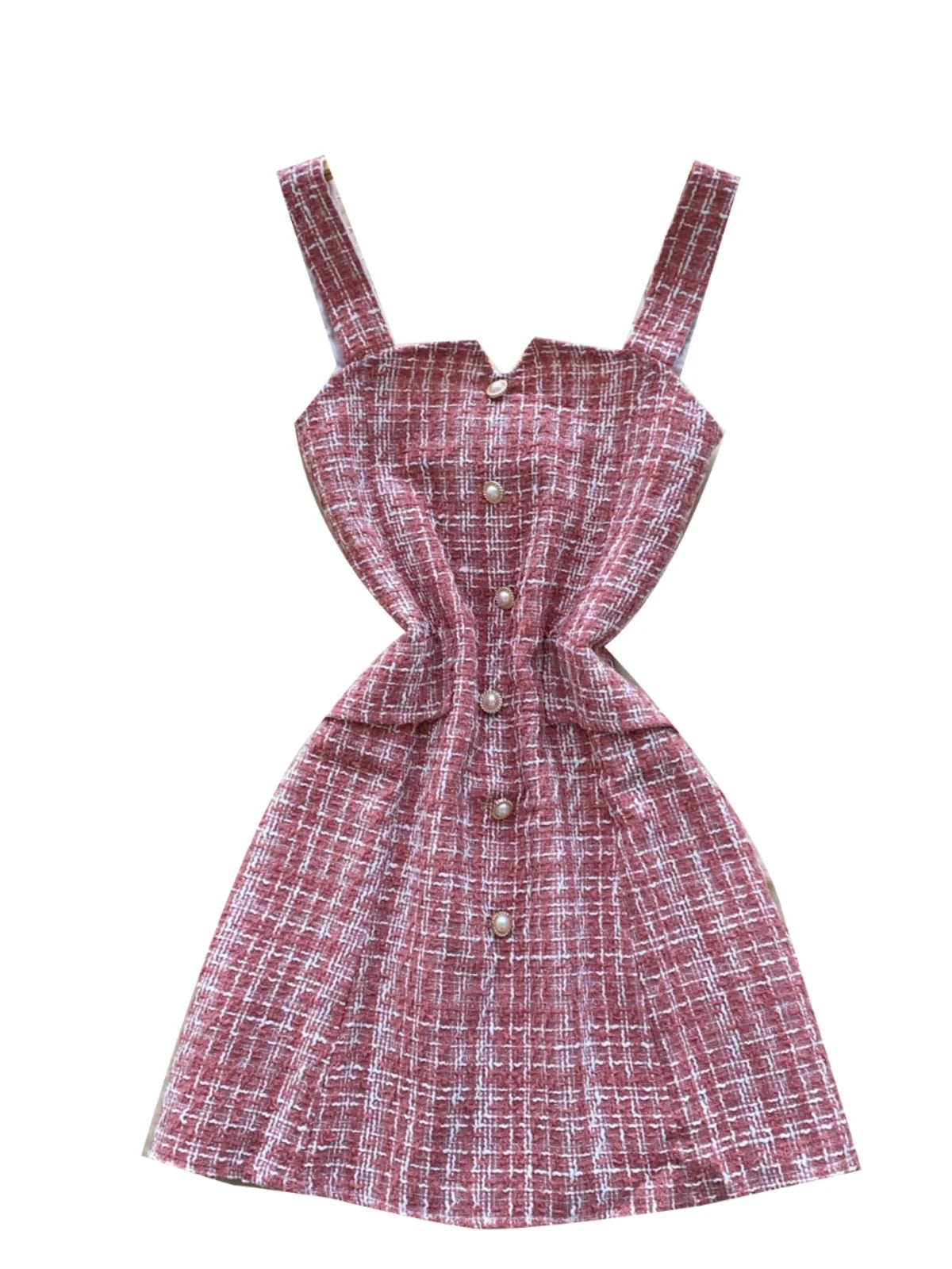 Retro 2024 Autumn Winter New Pink Plaid Woolen Sleeveless Mini Slip Dress Women's Black Button Elegant Short Tweed Dress Popular