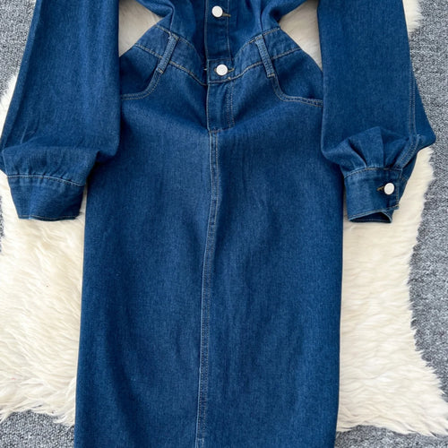Load image into Gallery viewer, Retro Fashion 2024 Autumn Women's Blue Temperament Single Breasted Slim Dresses Korean Long Sleeved Vacation Denim Dress Popular
