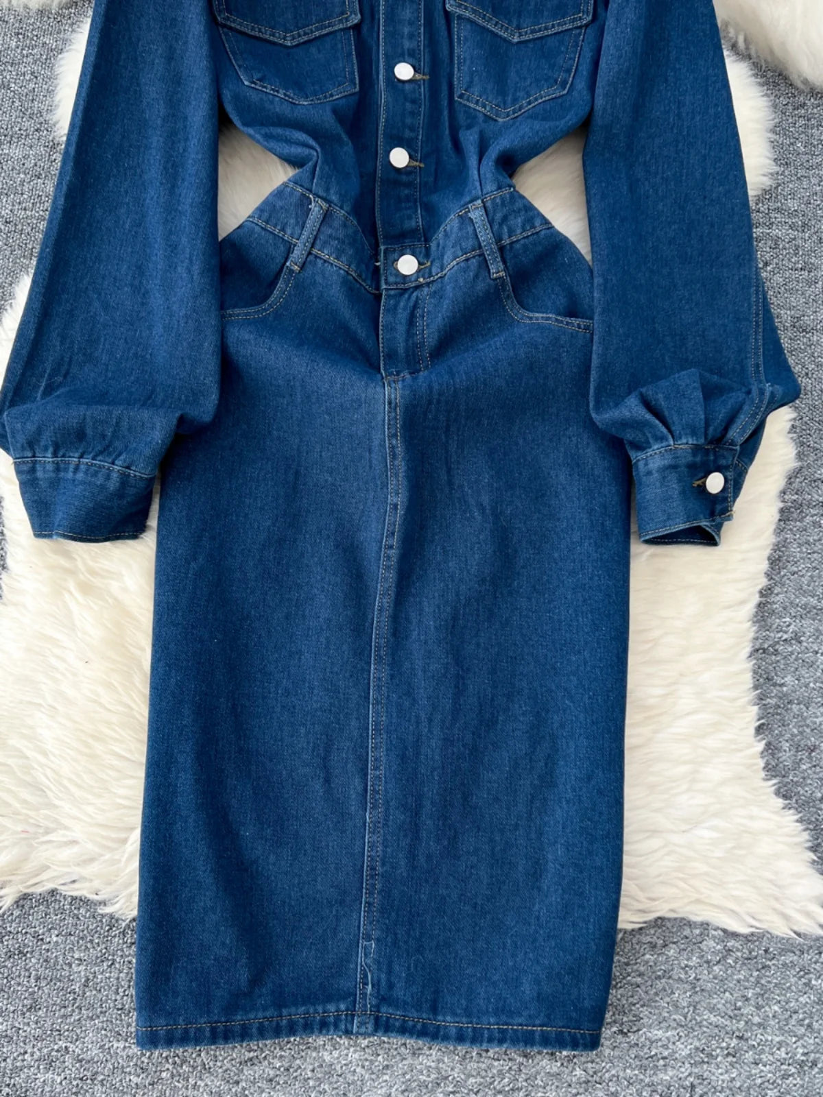 Retro Fashion 2024 Autumn Women's Blue Temperament Single Breasted Slim Dresses Korean Long Sleeved Vacation Denim Dress Popular