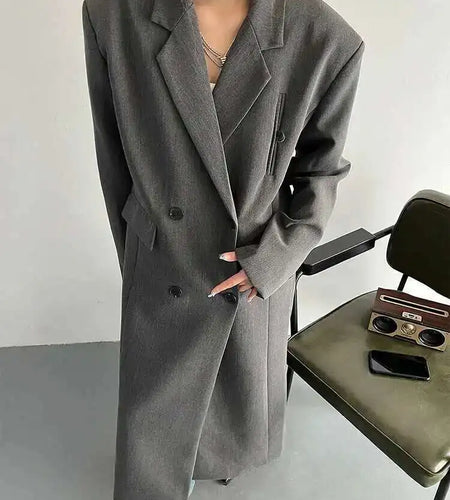Women Gray Brief Long Big Size Elegant Trench New Lapel Long Sleeve Windbreaker Fashion Tide Spring Autumn 2025 1DF8351