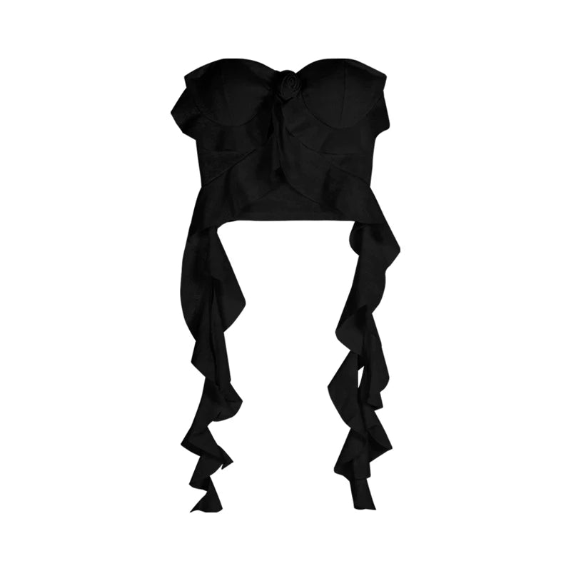 y2k Top Women Aesthetic Clothes Solid Color Off Shoulder Strapless Sleeveless Bandeau with Ruffles Hem 2000s Streetwear