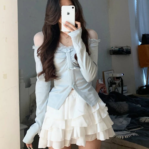 Load image into Gallery viewer, Elegant Bow Gauze Patchwork T-shirts Korean Fashion Aesthetic Sexy Tops Women All Match Solid   Sweet Long Sleeve Tees
