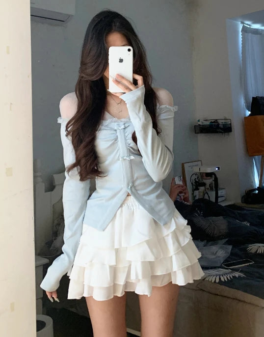 Elegant Bow Gauze Patchwork T-shirts Korean Fashion Aesthetic Sexy Tops Women All Match Solid   Sweet Long Sleeve Tees