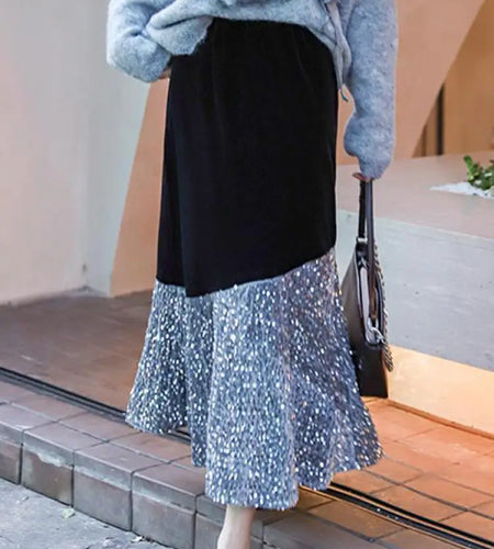 Autumn Winter French Vintage Sequin Patchwork Velvet Fishtail Long Skirts Women's 2024 Elegant High Waist Festival Skirt Street