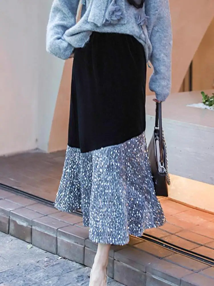 Autumn Winter French Vintage Sequin Patchwork Velvet Fishtail Long Skirts Women's 2024 Elegant High Waist Festival Skirt Street