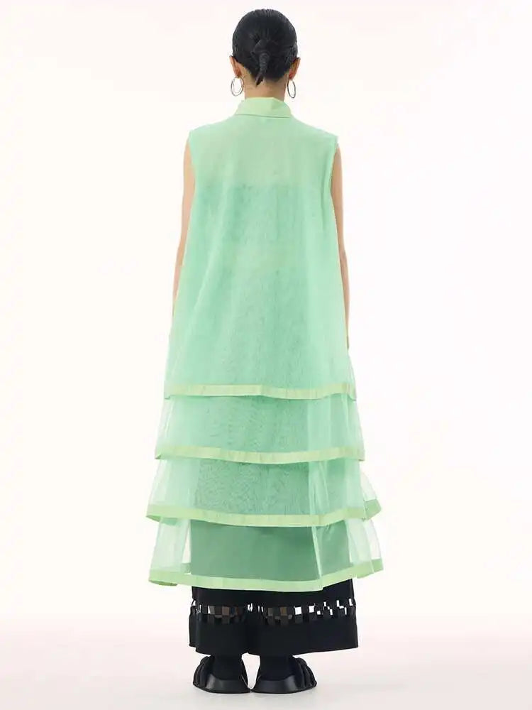 Women Black Layers Mesh Big Size Midi Vest Shirt Dress New Lapel Sleeveless Fashion Tide Spring Summer 2025 1DH9472
