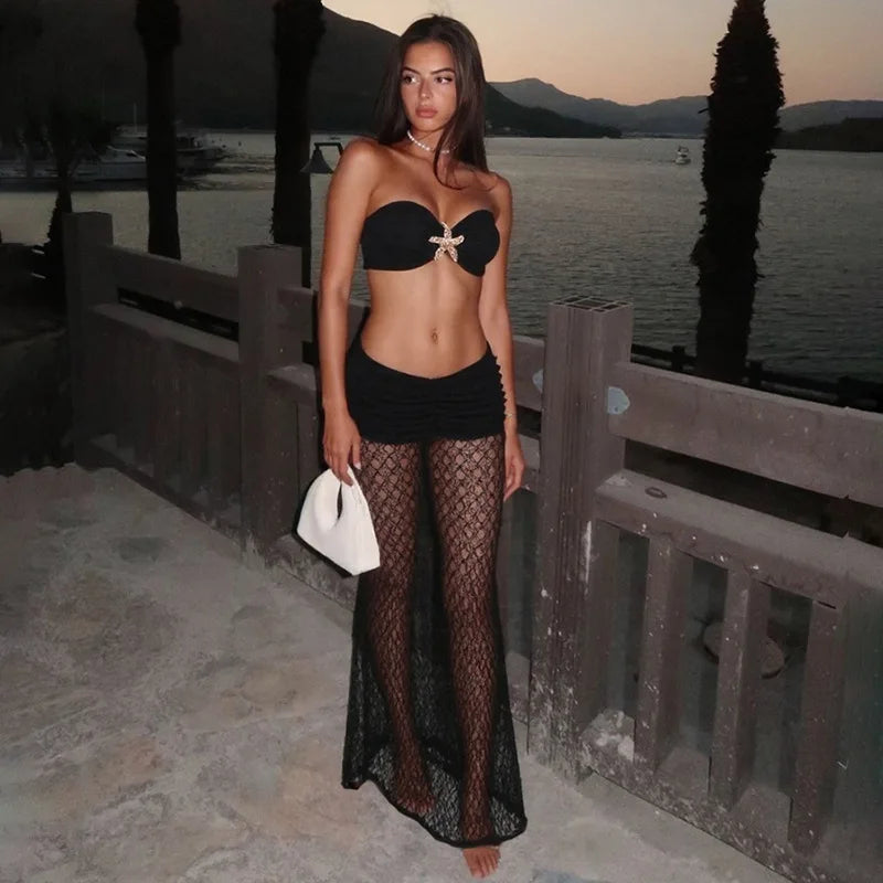 Strapless Sexy Tops And Skirt 2 Pieces Sets Wome Lace Sleeveless Crop Tops And See Through Long Skirt Two Pieces Sets