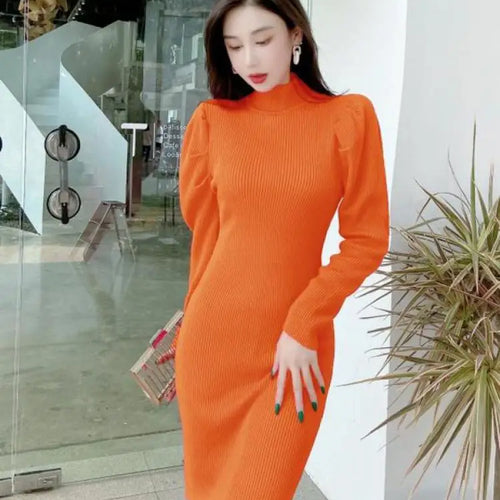 Load image into Gallery viewer, Korean Version Autumn 2024 New Women's Half High Neck Knitted Dress Elegant Festival Slim Long Sleeve Dress Simplicity Clothing
