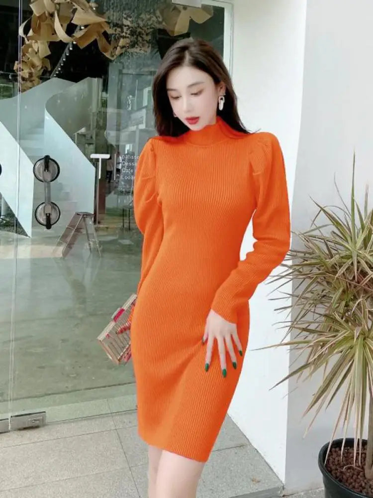 Korean Version Autumn 2024 New Women's Half High Neck Knitted Dress Elegant Festival Slim Long Sleeve Dress Simplicity Clothing