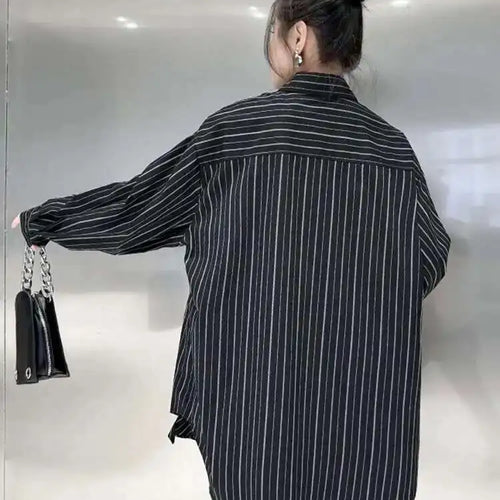Load image into Gallery viewer, Women Black Striped Bow Irregular Big Size Blouse New Lapel Long Sleeve Shirt Fashion Tide Spring Autumn 2025 1DH5046
