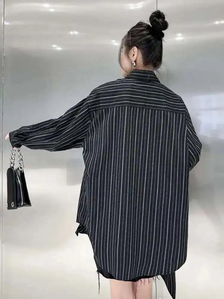 Women Black Striped Bow Irregular Big Size Blouse New Lapel Long Sleeve Shirt Fashion Tide Spring Autumn 2025 1DH5046