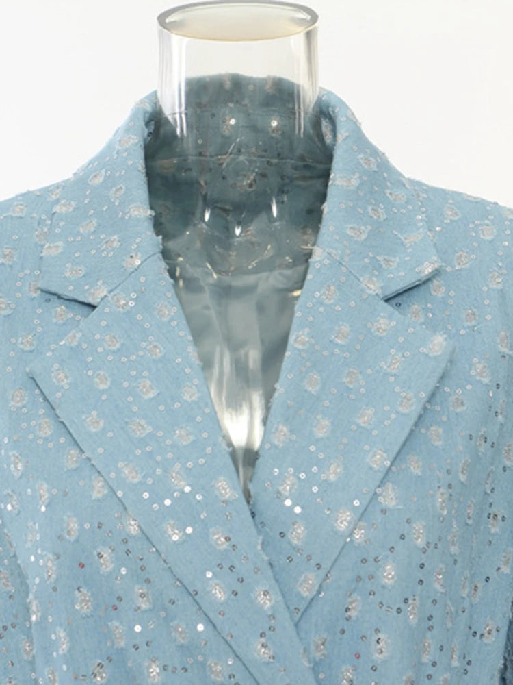 Women Blue Denim Sequins Big Size Thick Long Blazer New Lapel Long Sleeve Jacket Fashion Tide Spring Autumn 2025 1DH7153
