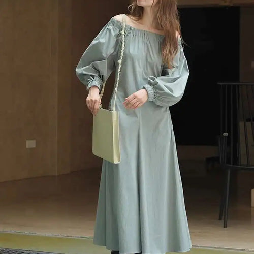 Load image into Gallery viewer, Women Black Brief Long Elegant Dress New Slash Neck Long Puff Sleeve Loose Fit Fashion Tide Spring Autumn 2025 1DF9947
