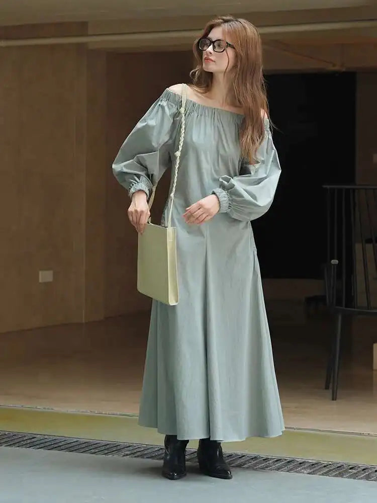 Women Black Brief Long Elegant Dress New Slash Neck Long Puff Sleeve Loose Fit Fashion Tide Spring Autumn 2025 1DF9947