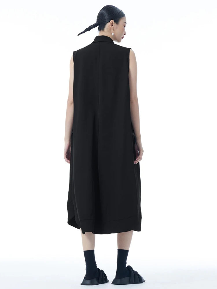 Women Dark Gray Zipper Pocket Big Size Midi Shirt Dress New Lapel Sleeveless Fashion Tide Spring Summer 2025 1DJ0950