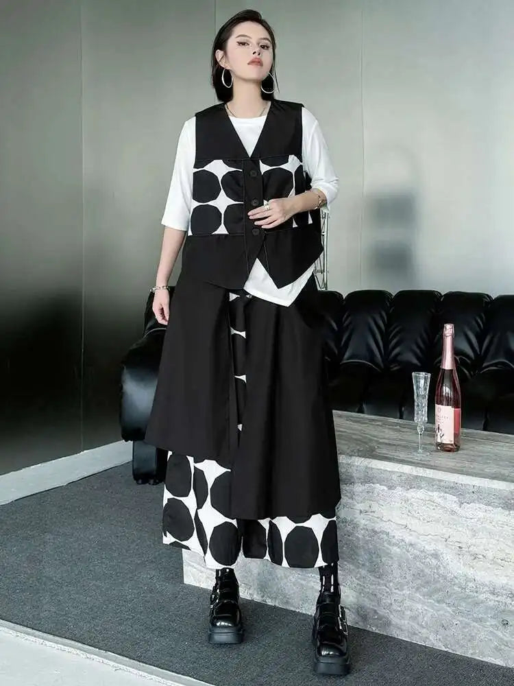 Big Size Black Dot Vest Wide Leg Pants Two Piece Suit New V-Neck Sleeveless Women Fashion Tide Spring Autumn 2025 1DJ1039