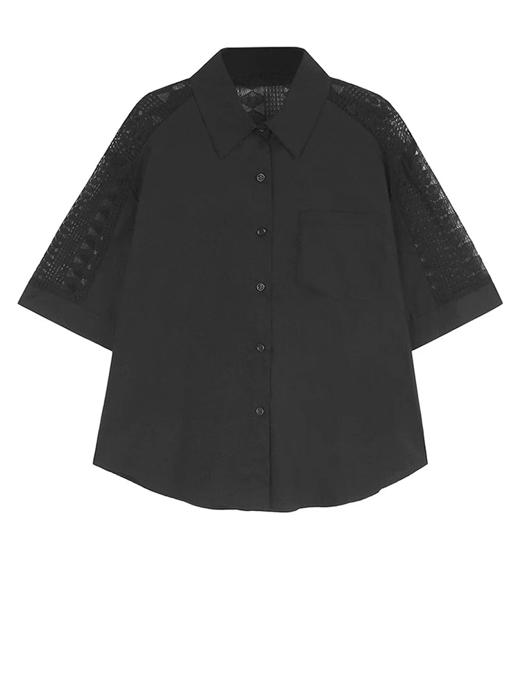 Women Black Lace Hollow Out Big Size Elegant Blouse New Lapel Half Sleeve Shirt Fashion Tide Spring Summer 2025 1DJ1110