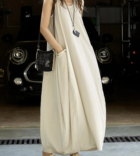 Women Khaki Brief Pocket Casual Long Elegant Bud Dress New Round Neck Sleeveless Fashion Tide Spring Summer 2025 1DJ1330