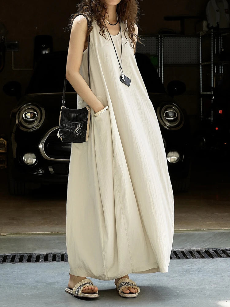 Women Khaki Brief Pocket Casual Long Elegant Bud Dress New Round Neck Sleeveless Fashion Tide Spring Summer 2025 1DJ1330