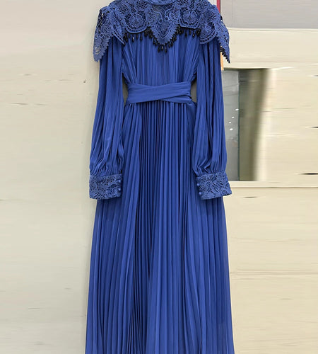 Hollow Out Spliced Lace Elegant Dresses for Women Round Neck Long Sleeves Tunic Patchwork Folds Dress Female New