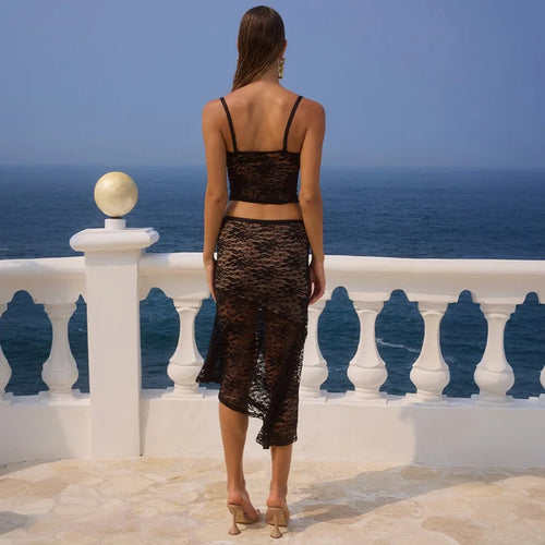 Load image into Gallery viewer, Lace Sexy Two Piece Sets Women Lace Halter Cropped Tops And Skirt Ladies Print Contrast Color Club Party 2 Piece Sets
