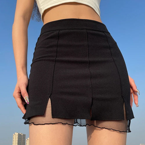 Load image into Gallery viewer, Korean Fashion Frill Mesh Patchwork Black Mini Skirt Summer Solid Split Casual Bodycon Women&#39;s Skirts Short Cute
