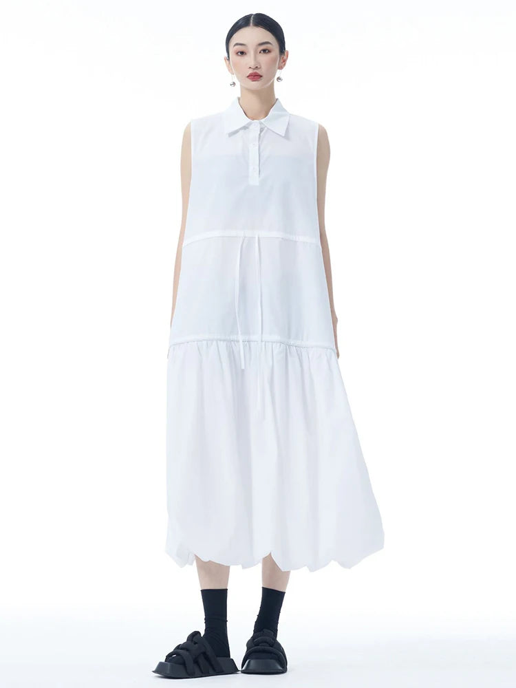 Women Black Brief Pleated Big Size Midi Bud Shirt Dress New Lapel Sleeveless Fashion Tide Spring Autumn 2025 1DJ0955