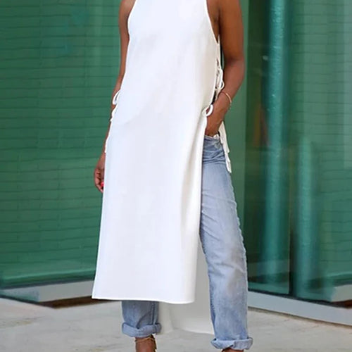 Load image into Gallery viewer, Lace-up Sleeveless Maxi Length Shirts Blouse for Women Summer High-low Split-joint Woman White Chic Long Tops
