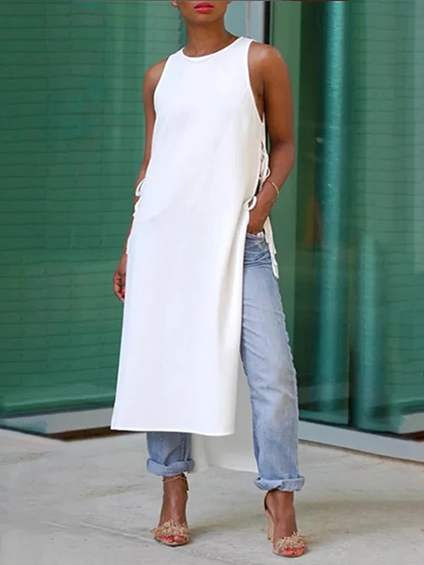 Lace-up Sleeveless Maxi Length Shirts Blouse for Women Summer High-low Split-joint Woman White Chic Long Tops