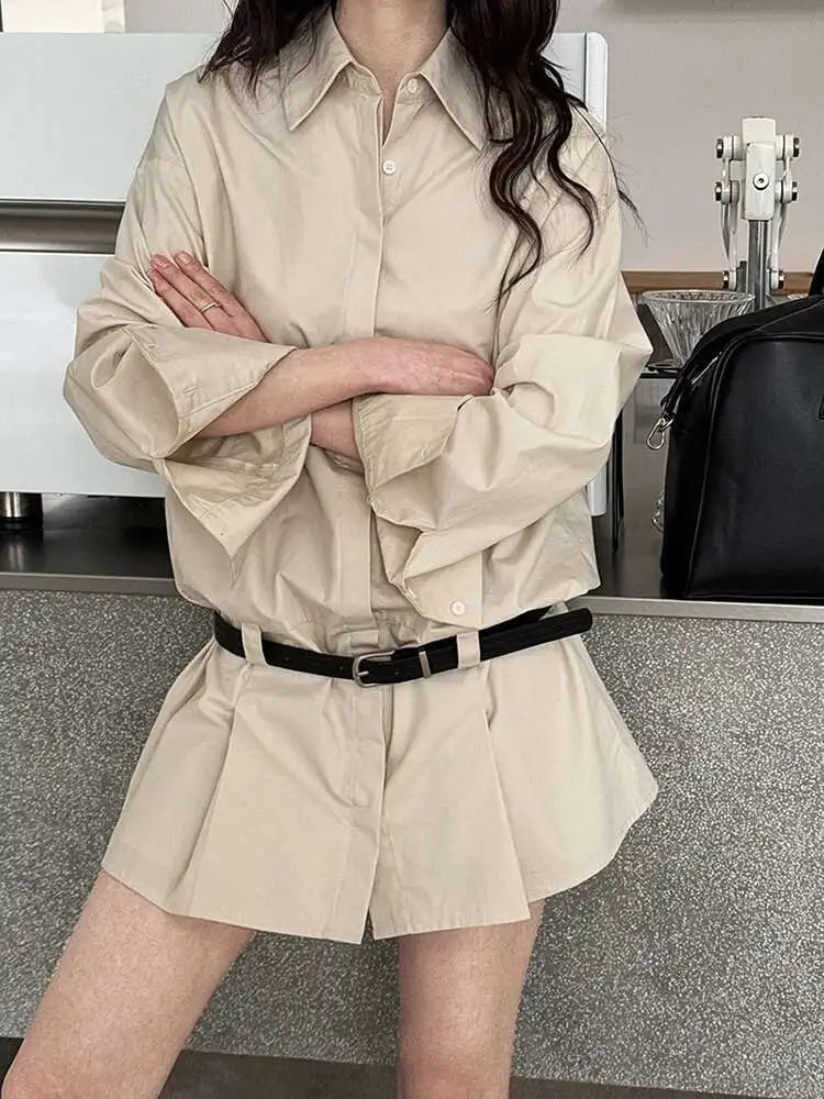 Women White Hem Pleated Elegant Big Size Mini Shirt Dress New Lapel Long Sleeve Fashion Tide Spring Autumn 2025 1DH9552