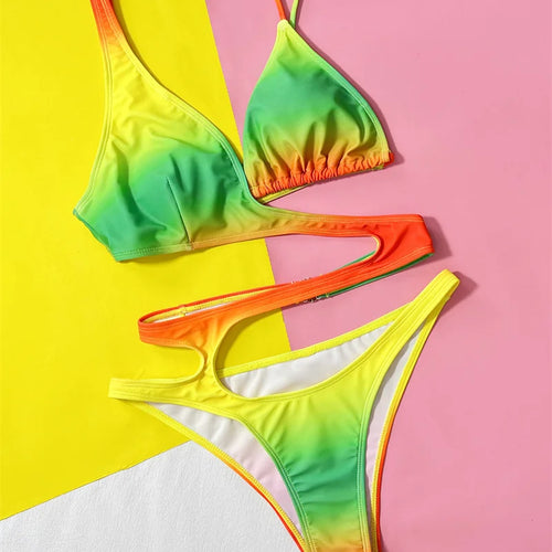 Load image into Gallery viewer, Colorful Gradient One Piece Swimsuit Sexy Swimwear for Women High Cut Bathing Suit Hollow Out Monokini
