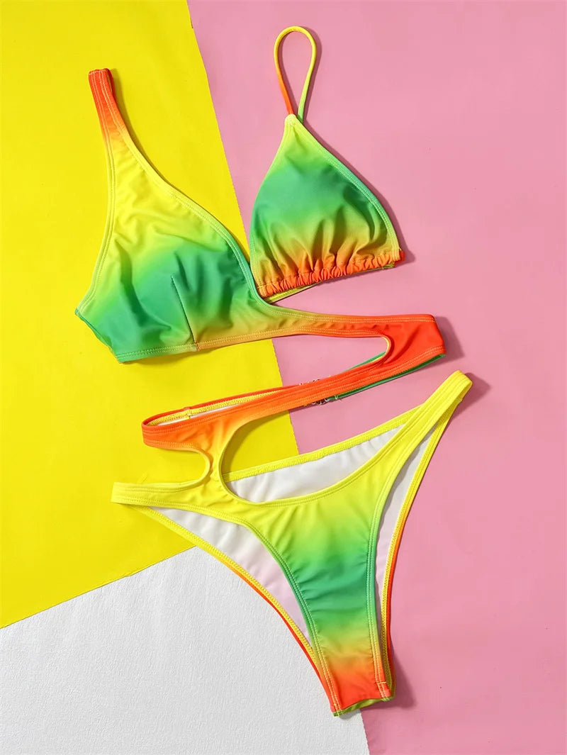 Colorful Gradient One Piece Swimsuit Sexy Swimwear for Women High Cut Bathing Suit Hollow Out Monokini