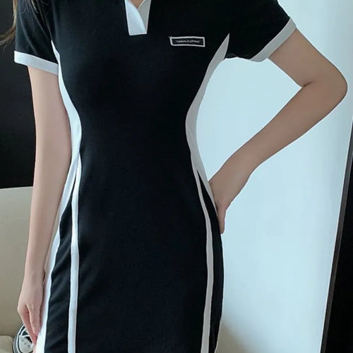 Load image into Gallery viewer, Preppy Style School Student Mini Dress Korean Fashion Kpop Bodycon Slim Mini Short Dresses Polo Collar Summer
