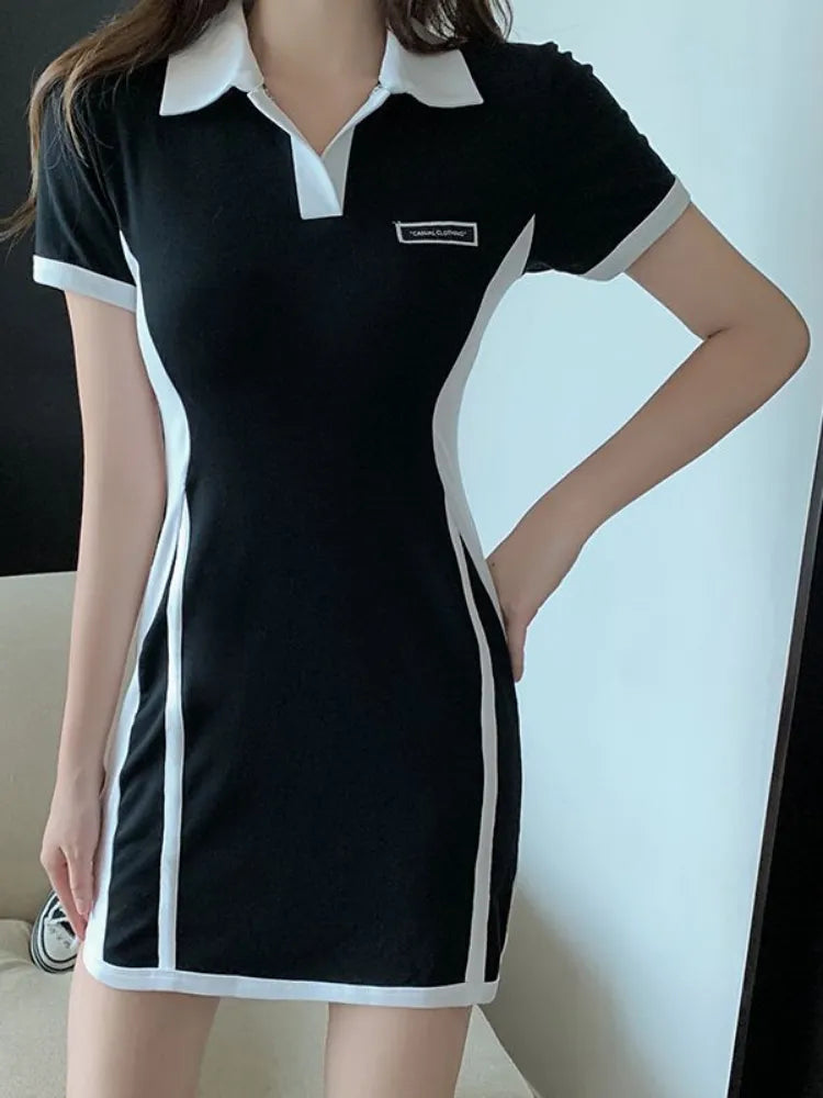 Preppy Style School Student Mini Dress Korean Fashion Kpop Bodycon Slim Mini Short Dresses Polo Collar Summer