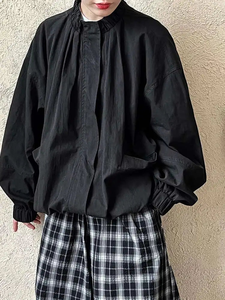 Apricot Pleated Big Size Elegant Jacket New Stand Collar Long Sleeve Women Coat Fashion Tide Spring Autumn 2025 1DH6940