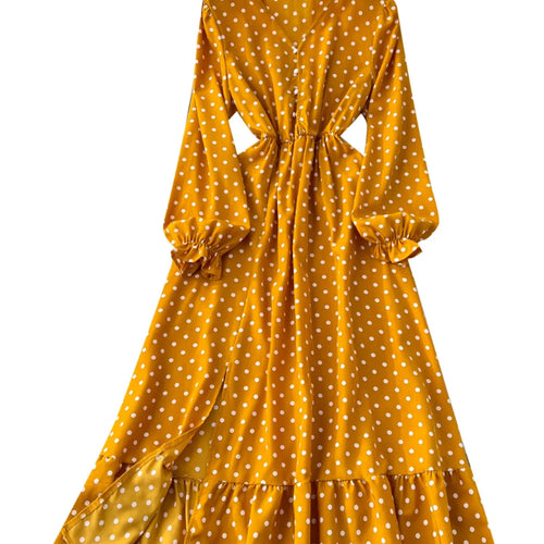Load image into Gallery viewer, Vintage Elegant Women Yellow Dot Vacation Pleated Dress 2025 Autumn Fashion V-neck High Waist A-line Long Sleeve Party Dress New
