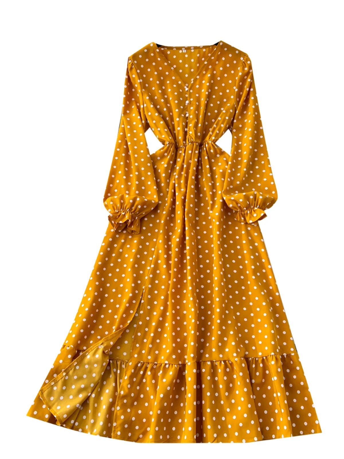 Vintage Elegant Women Yellow Dot Vacation Pleated Dress 2025 Autumn Fashion V-neck High Waist A-line Long Sleeve Party Dress New