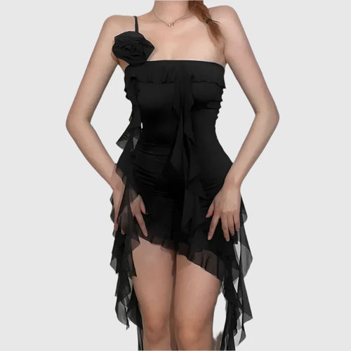 Load image into Gallery viewer, Sexy Bodycon Dress Black Club Outfits Asymmetrical Floral Applique Ruffle Fringed One Shoulder Short Dresses P71-CG25
