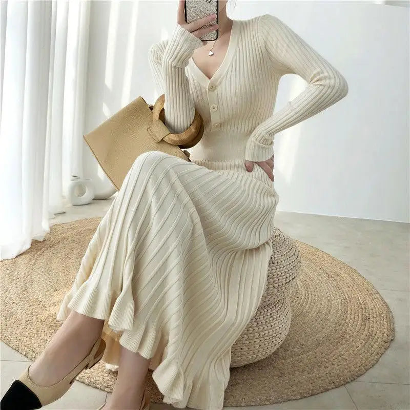 Elegant Knitted Long Dress Women Flare Sleelve V Neck Ruffles Single Breasted Bodycon Dresses Party Fashion Office Lady Vestidos