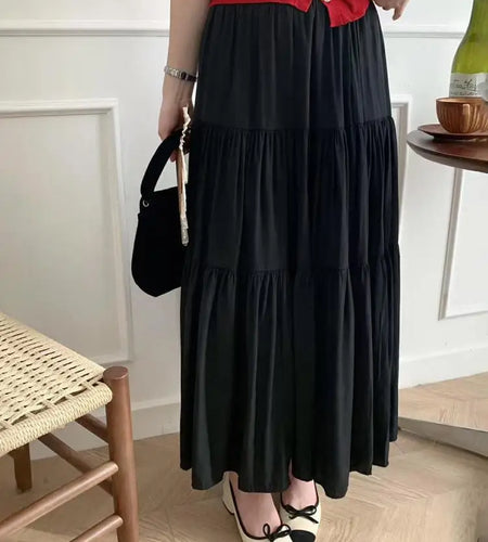 Spring Summer New Solid Elegant Slim Vacation Party Pleated Skirt Women's French Fashion Office Long Skirt Trend Ladies Clothing
