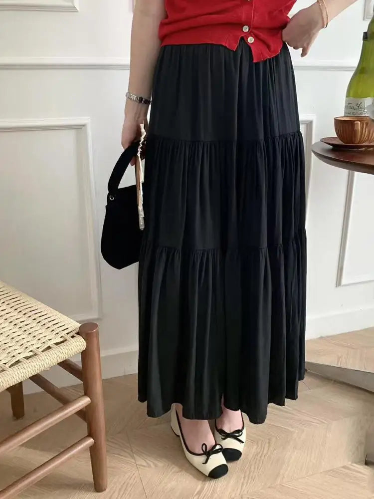 Spring Summer New Solid Elegant Slim Vacation Party Pleated Skirt Women's French Fashion Office Long Skirt Trend Ladies Clothing