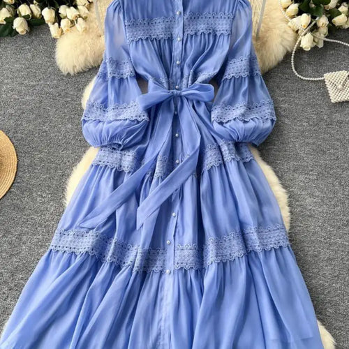 Load image into Gallery viewer, Vintage Women's Solid Single Breasted Bow Lace- Up Long Dress Autumn Lace Patchwork Long Sleeved Evening Party Princess Dresses
