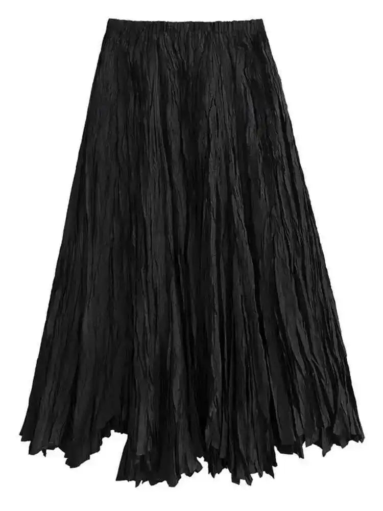 Women Black Pleated Thin Big Size Half-body Skirt High Elastic Waist Loose Fashion Tide New Spring Summer 2025 1DF9003