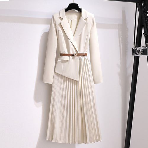 Load image into Gallery viewer, Pleated Dresses For Women Notched Collar Long Sleeve High Waist Spliced Button Elegant Dress Female Fashion Clothes
