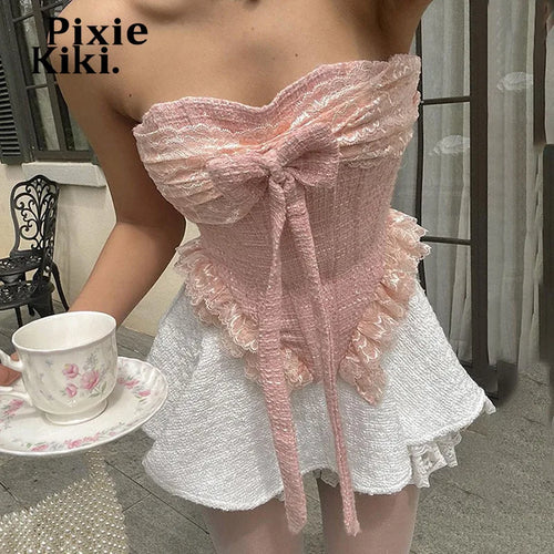 Load image into Gallery viewer, Pink Lace Trim Bow Busiter Girly Y2k Cute Summer Tops Women Clothes Coquette Accessories Sexy Tube Top P94-DE18
