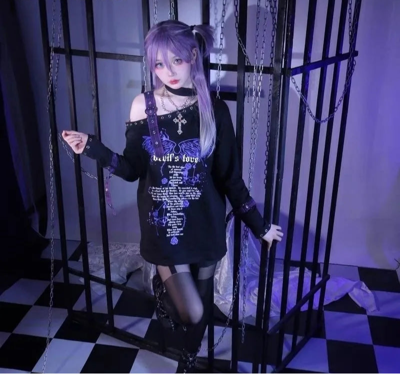 Y2k Tops Harajuku Punk Hoodies Women Streetwear Harajuku Japanese Sweatshirts Casual Chic Off Shoulder Hoodie Clothes for Teens