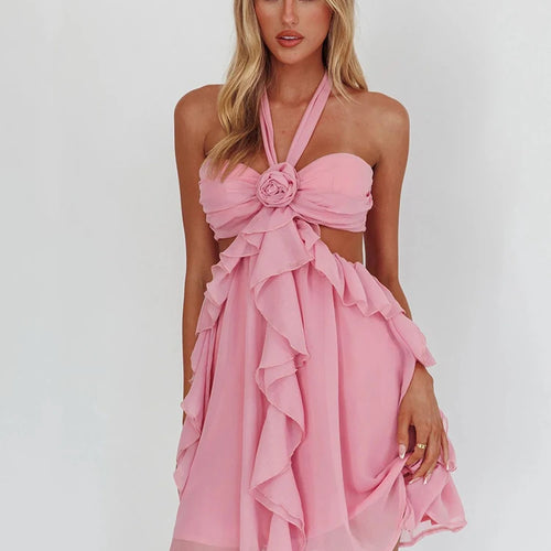 Load image into Gallery viewer, Rose Halter Backless Sexy Mini Dress Women Pink Off-shoulder Strapless Sleeveless High Waist Club Party Beach Dress
