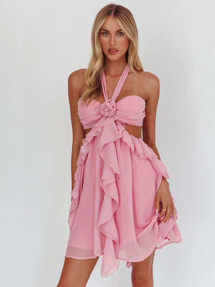 Rose Halter Backless Sexy Mini Dress Women Pink Off-shoulder Strapless Sleeveless High Waist Club Party Beach Dress