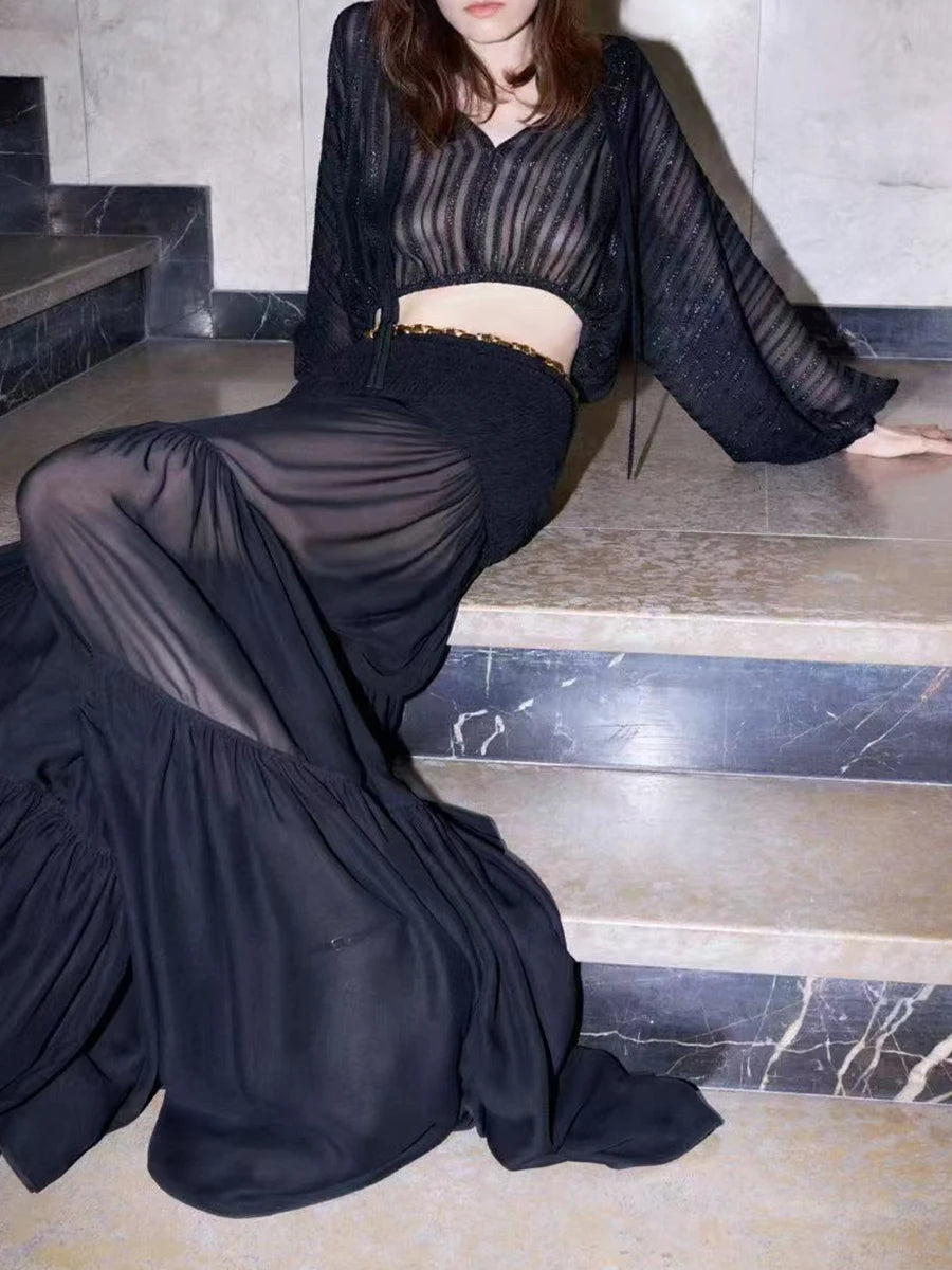 Solid Loose Casuai Spliced Folds Skirts For Women High Waist Temperament Elegnat Long Skirt Female Fashion Style